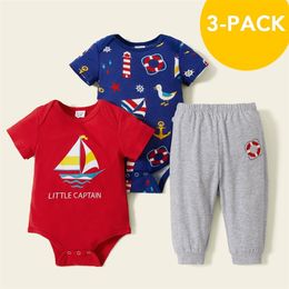 Arrival Spring and Autumn 3-pack Sailboat Baby's Sets Baby Boy Clothes Short Rompers Pants 210528
