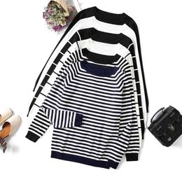 HLBCBG Stripe long sleeve black knitted sweater women tops autumn o-neck short pullover casual jumper pull femme 210805