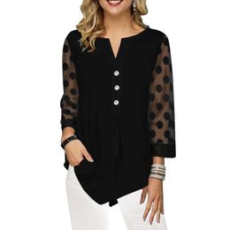 Women Long Sleeve Shirt Plus Size Blouse Shirt Tops V-neck Button Splice Mesh Nine Points Sleeve Casual Loose Women Shirt 210225