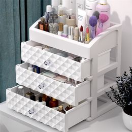 Cosmetics Storage Box Three Layer Drawer Makeup Jewelry Organizer Desktop Lipstick Nail Oil Container Beauty Cosmetic Case 210315