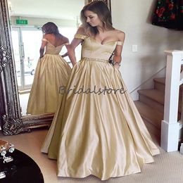 Fashion Gold Blue Evening Dresses With Beaded A Line Off Shoulders Satin Long Prom Dress 2021 Formal Party Gown Pocket Floor Length Vestidos De Fiesta