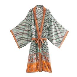 Fitshinling Oversized Beach Kimono With Sashes Bohemian Vintage Slim Sexy Long Cardigan Women Big Sleeve Fringe Cotton Cover-Up 210714