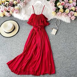 Neploe Candy Colour Sexy Shoulder Strapless Camis Dresses Chic Belt Slim Waist Vestidos Beach Style Draped Women Dress 1J029 Y0726