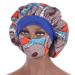 African Pattern Print Bonnet Hijabs Hat Women Night Sleep Cap with Mask Satin Turban Extra Large Head Wear Lady Head Wrap Hat