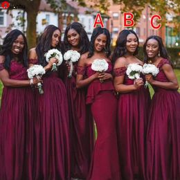 2022 Burgundy Bridesmaid Dresses Plus Size A Line Off Shoulder Sequins Satin Maid of Honour Gowns African Girls Wedding Guest Wears WJY591
