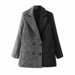 Casual loose women's suit jacket Autumn style plaid stitching ladies mid-length blazer Elegant coat of high quality 210527