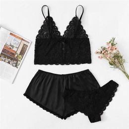 3 Pieces Women Pajamas Sets Faux Silk Pajamas Sleepwear Sets Elegant Sexy Lace Fashion Casual Home Clothes Nightwear Nighty Q0706