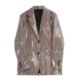 Spring Autumn New Bling Plaid Sequined Blazer Female Lapel Single Breasted Loose Casual Retro England Style Jacket X0721