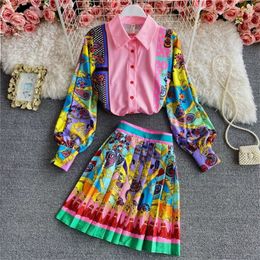 Women Fashion Luxury Print Shirt Top + Pleated Mini Skirt Spring Autumn Vintage Long Sleeve Buttons Party 2 Piece Sets 220302