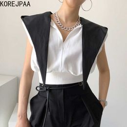 Korejpaa Women T-shirt Korean Fashion Summer Temperament Sharp Collar Hooded Stitching Design Waist Feifei Sleeve Tee Top 210526
