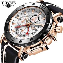 Top Brand LIGE Men Watches Fashion Sport Leather Watch Mens Luxury Date Waterproof Quartz Chronograph Relogio Masculino+Box 210609