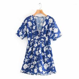 Women's Jumpsuits & Rompers Overalls Women Summer Short Romper Ladies Blue Print Womens Sexy Playsuit Sleeve V Neck Streetwear