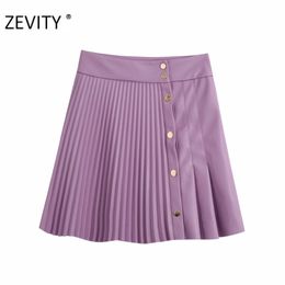 Zevity Women sweet single breasted pleated patchwork mini skirt faldas mujer female casual brand chic PU leather skirts QUN690 210310
