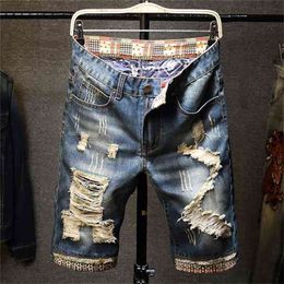 Summer Men's Ripped Short Jeans Streetwear Big Hole Fashion Vintage Blue Slim Denim Shorts Brand Clothes 210713