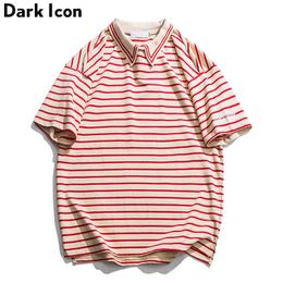 Striped Turn-down Collar Polo Shirt Short Sleeve Summer Loose Stripe Shirts Men Cotton Street Shirts 210603