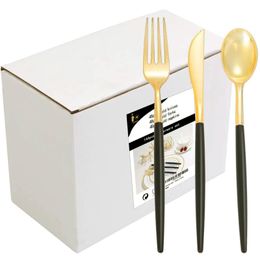 Disposable Dinnerware 30 Pieces Of Golden Plastic Silverware Tableware With Black Handle Cutlery Set For Party Decoration