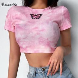 Lusofie Women's Short Pink Top Butterfly Print Embroidery Tie Dye T-shirt Summer Fashion Slim Short Sleeve Round Neck tops Tee 210302