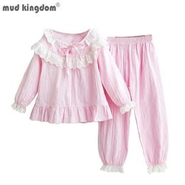 Mudkingdom Cute Little Girl Pyjama Set Soft Lace Long Sleeve Sleepwear Lovely Cotton Top and Trousers Home Homewear 210615