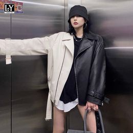 LY VAREY LIN Spring Autumn Women Moto Faux Soft Leather Coat Lapel Splicing Pu Jacket Casual Loose Outwear with Belt 210526