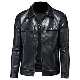 Fall Men's Lapel Multi-Pocket Leather Trendy Motorcycle Leather Jacket Coat British Simple Zipper Slim Casual Male Clothing 211111