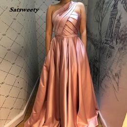 One Shoulder A Line Prom Dresses Long Pockets Satin Pleats Floor Length Women 2021 Formal Evening Party Gowns