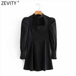 Zevity Women Vintage Pleats Puff Sleeve Black Mini Dress Lady Chic Court Style Square Collar Back Zipper Slim Vestido DS4774 210603
