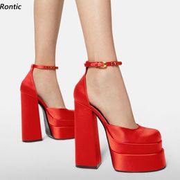 Rontic Handmade Women Platform Pumps Ankle Strap Satin Chunky Heels Square Toe Gorgeous Red Purple Party Shoes Women Size 34-43