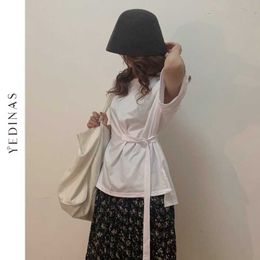 Yedinas White Cotton T Shirts Women Korean Style Oversized Shirt Designer Bandage Chic -shirt Female Japanese ops Irregular 210527