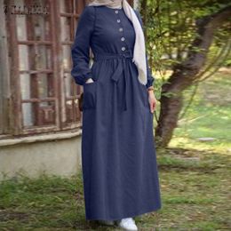 Kaftan Muslim Solid Button Maxi Robe Women's Demin Blue Sundress ZANZEA 2021 Casual Long Sleeve Shirt Vestidos Female Dress 5XL X0521