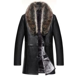 Brand Real Fur Collar Leather Jacket Men Russian Winter Single Breasted Windbreaker Jacket Male Thicken Leather Jacket