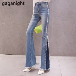 Korean Spring High Waist Slim Embroidered Flares Women Pants Fashion Skinny Ladies Jeans Pockets Zippers Full Length 210601