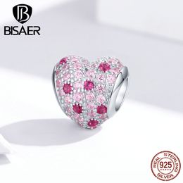 Love Heart Beads BISAER 925 Sterling Silver Pink Cubic Zircon Love Heart Charms fit Beads Bracelets Silver 925 Jewellery EFC118 Q0531