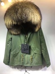 outwear brown raccoon furs trim hoody women snow parka Meifeng brand grass rabbit fur lined army green mini jacket