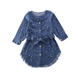 Newest Casual Toddler Kids Baby Girls Dress Clothes Infant Long Sleeve Pearl Peter Pan Collar Denim Dress With Belt Outfit Q0716