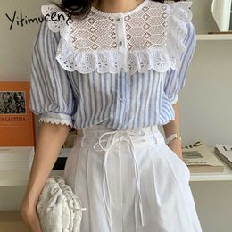 Yitimuceng Striped Blouse Women Patchwork Hook Flower Ruffles Shirt Fashion Short Puff Sleeve Green Blue Tops Summer 210601