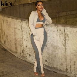 Kliou Patchwork Knitted Two Piece Set Women 2021 Spring Sleeveless V-Neck Sporty Crop Top+Pencil Leggings Co-ord Suit Streetwear Y0625