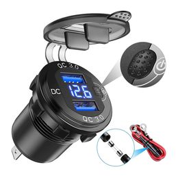 Quick Charge QC3.0 36W Dual USB Car Charger Socket Waterproof with Voltmeter Switch Fast Charging Adapter