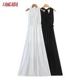 Tangada Women Solid White Black Halter Midi Dress Bow Sleeveless Fashion Lady Sexy Dresses Vestido 5T11 210609