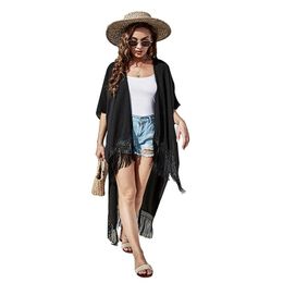 Women's Swimwear Storyever Dresses Woman Summer 2021 Solid Color Fringed Long Kimono Swimsuit Sunscreen Coverall Beach Cover Up