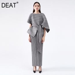 DEAT 2021 Pleated Dress Women's Two Piece Sling High Waist Lacing Elegant Ankel Length Banquet Formal New Summer Fashion AM076 210316