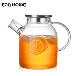 1L/1.5L Transparent Glass Teapot Heat Resistant Flower Kettle Water Jug with Bamboo/Stainless Steel Cover Clear Juice Container 210724