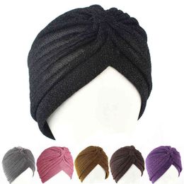 Soft Indian Style Bright Silk Hat Muslim Turban Hat Women Stretchy Turban Adult Hat Head Wrap Bandanas Chemo Cap Y1229