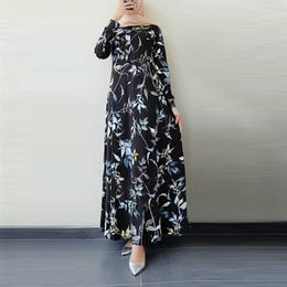 Women's Long Muslim Dress Vintage Round Neck Large Swing Floral Print Robes Female Hijab Dresses Long-Sleeve Maxi Gown 210712