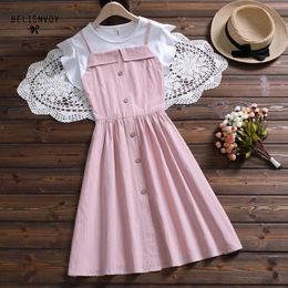 Two Piece False Summer Dress Japan Preppy Style Women Round Collar Flare Sleeve Pink Dresses Girls Simple Sweet Cute Sundress C0304