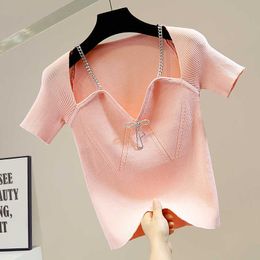 FAOP Design Pink Short Sleeve V Neck Diamonds Bow Chain Strap Knitted Top Women T Shirt Fashion GB458 210709