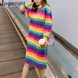 Spring Autumn Hooded Long Sleeve Womens Sweatshirt Dress Rainbow Striped Loose Pocket Ladies Midi Vestidos 210601