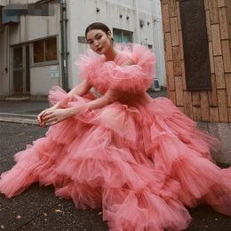 pink Long Prom Dresses Tiered ruffles Tulle Evening Dresses crew Full Sleeves A-Line Party Dress Floor Lenght Formal Women Gowns 2021