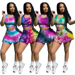 2022 trends Casual Vest Skirt Women Tie Dye Tracksuit Short Sleeve T-shirt Yoga Shorts Solid Colour 2 Piece Jogger Sets Outfits Gym Clothes