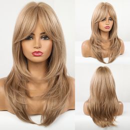 Synthetic Wig Long Natural Wavy Hair Ombre Golden Yellow Blonde Layered Wigs with Side Bangs for African American Womenfactory direct