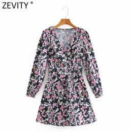 Zevity Women Vintage V Neck Floral Print Lace Up A Line Dress Femme Chic Puff Sleeve Party Vestido Casual Clothing DS4925 210603